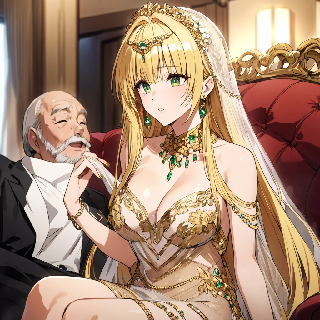 The woman and her 14-year-old daughter are close together、((Highest quality)), ((masterpiece)), (detailed), （Perfect Face）、The woman was a tiare with green eyes and medium-long blonde hair, and was wearing a luxurious, shiny, gold-colored, long-slit see-through dress with gorgeous embroidery and trim, which allowed her skin to show through, a gold-colored see-through cape, and a gold-colored see-through veil. She was wearing a gorgeous jeweled hair accessory, a jeweled head dress chain, a jeweled waist chain, a gorgeous necklace, bracelets, ankle bracelets, jeweled earrings, and shiny gold boots. She was also wearing an engagement ring.、The woman is sitting on a luxurious sofa in a luxurious room with her 12-year-old daughter and a man, enjoying a family gathering.、The man is a dignified, bearded, elderly man of great wealth, wearing luxurious clothing with gold embroidery and trim.