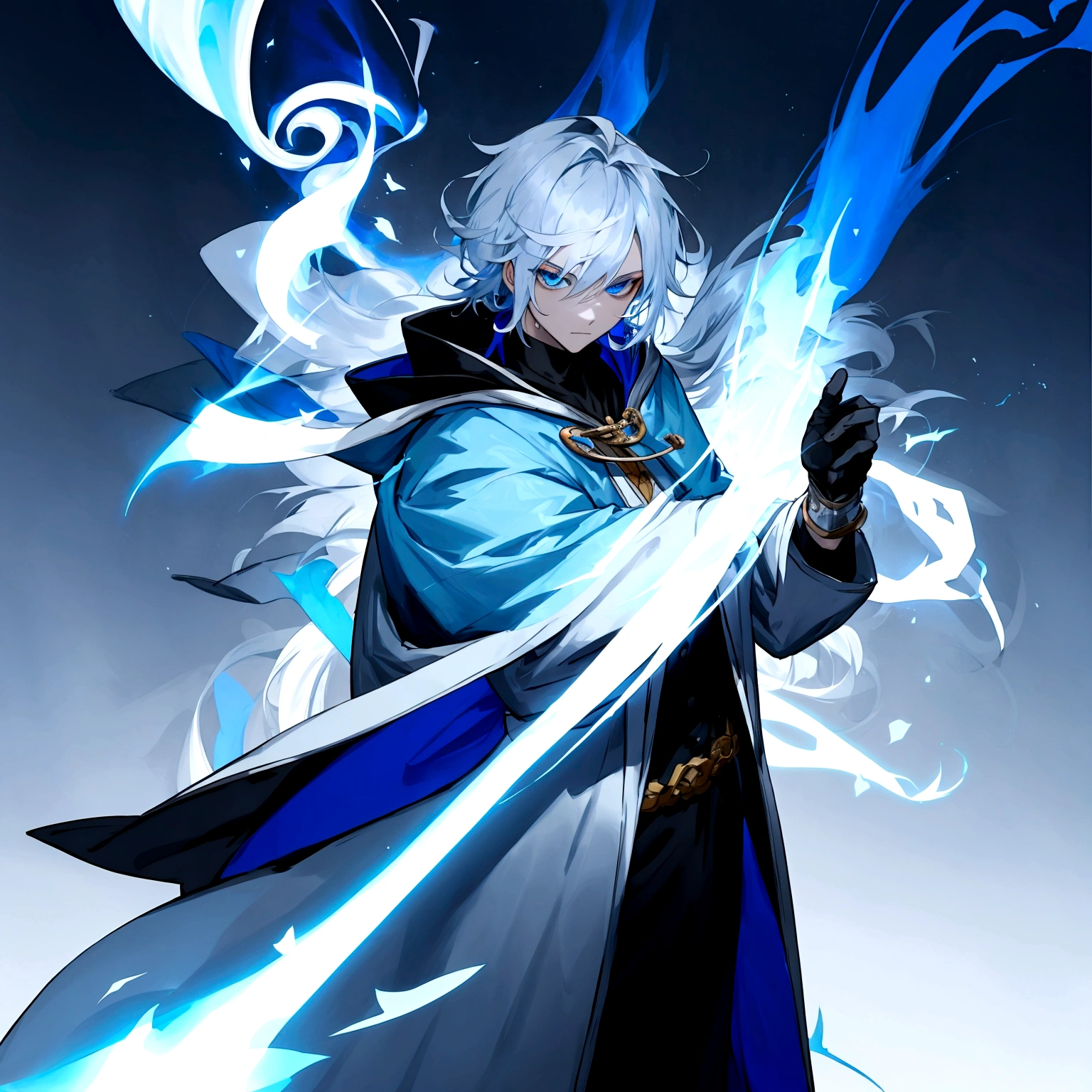 Sorcerer Divine Soul man, he has a silver hair and blue eyes, he wear a hood and wear gloves.