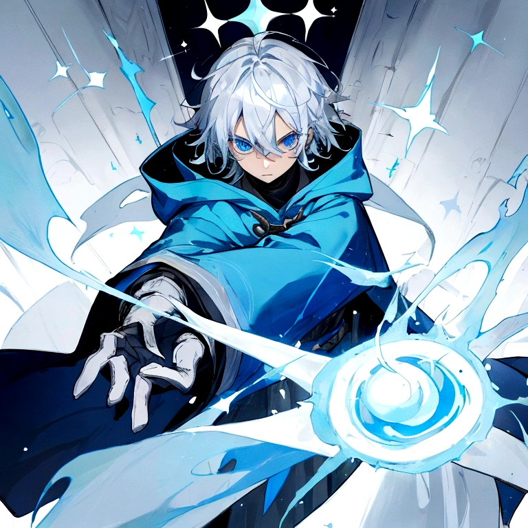 Sorcerer Divine Soul man, he has a silver hair and blue eyes, he wear a hood and wear gloves.