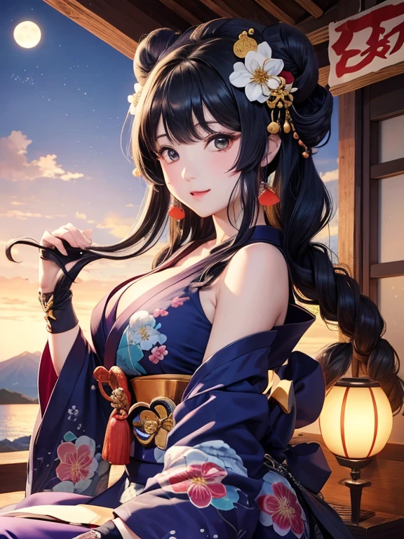 masterpiece、highest quality、High resolution、high quality images、8K, 1 female、skin luster、skin texture、Expression of fine eyes、Girl with long braided hair, realism, Detailed manga style, manga art style, perfect line drawing, beautiful line drawing, digital manga art girl, 
(beautiful golden eyes:1.5), Clear, beautiful eyes、plump lips, Detailed gorgeous face, (cute smile), charm, Front view, (perfectly detailed face), (fine hands) 、(Five fingers:1.3)、photorealistic images, Depth of written boundary, face forward , night sky , night view ，beautiful starry sky  , romanticism、(Taisho Era、japanese black and golden kimono:1.5)、(large breasts:1.35)、blush、Black Hair、Gorgeous blue sparkling earrings、Gorgeous gold bracelet、Gorgeous gold anklets、(oblong face:1.5)、(Sparkling Glitter:1.2)、Bangs between the eyes、(portrait:1.6)
Graceful、Kyoto street、Moon Night,The beautiful old town of Kyoto、(Hands should be hidden behind the body:1.4)、Hairpin