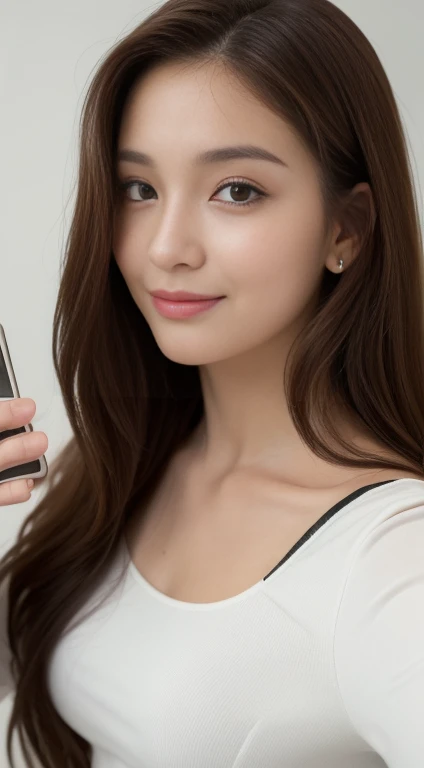 ((Morning, Best Quality, 8K, Masterpiece: 1.3, Realistic)), Full body: 1.4, Slender abs: 1.2, ((Long dark brown hairstyle, Medium Breasts: 1.2), (business attire), (blank background: 1.1, Daylight view), Highly detailed face and skin texture, detailed eyes, double eyelids, full body camera view, sweet smile, (Face looking at the camera, Holding the camera, Selfie: 1.2)