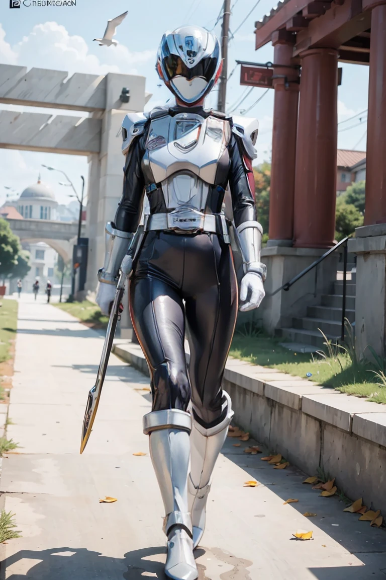 The sunset flies with the lonely geese in the distance, and the autumn river water and the vast sky are connected, icons,1boy, white, full body, Illustration, cinematic light, high resolution, best quality, ultra detailed, masterpiece, power suit, powerranger, suit, spd, (silver royal guard ranger suit), gold detail
