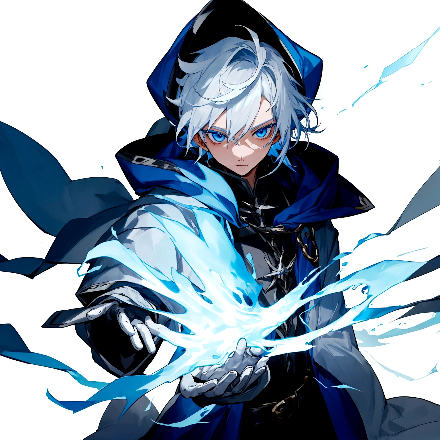 Sorcerer Divine Soul man, he has a silver hair and blue eyes, he wear a hood and wear gloves.
