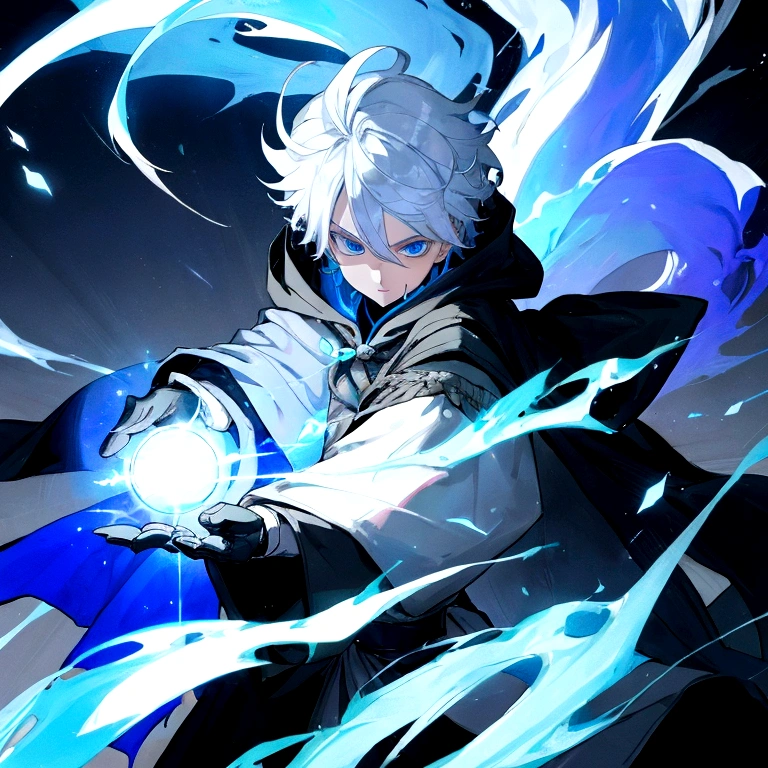 Sorcerer Divine Soul man, he has a silver hair and blue eyes, he wear a hood and wear gloves.