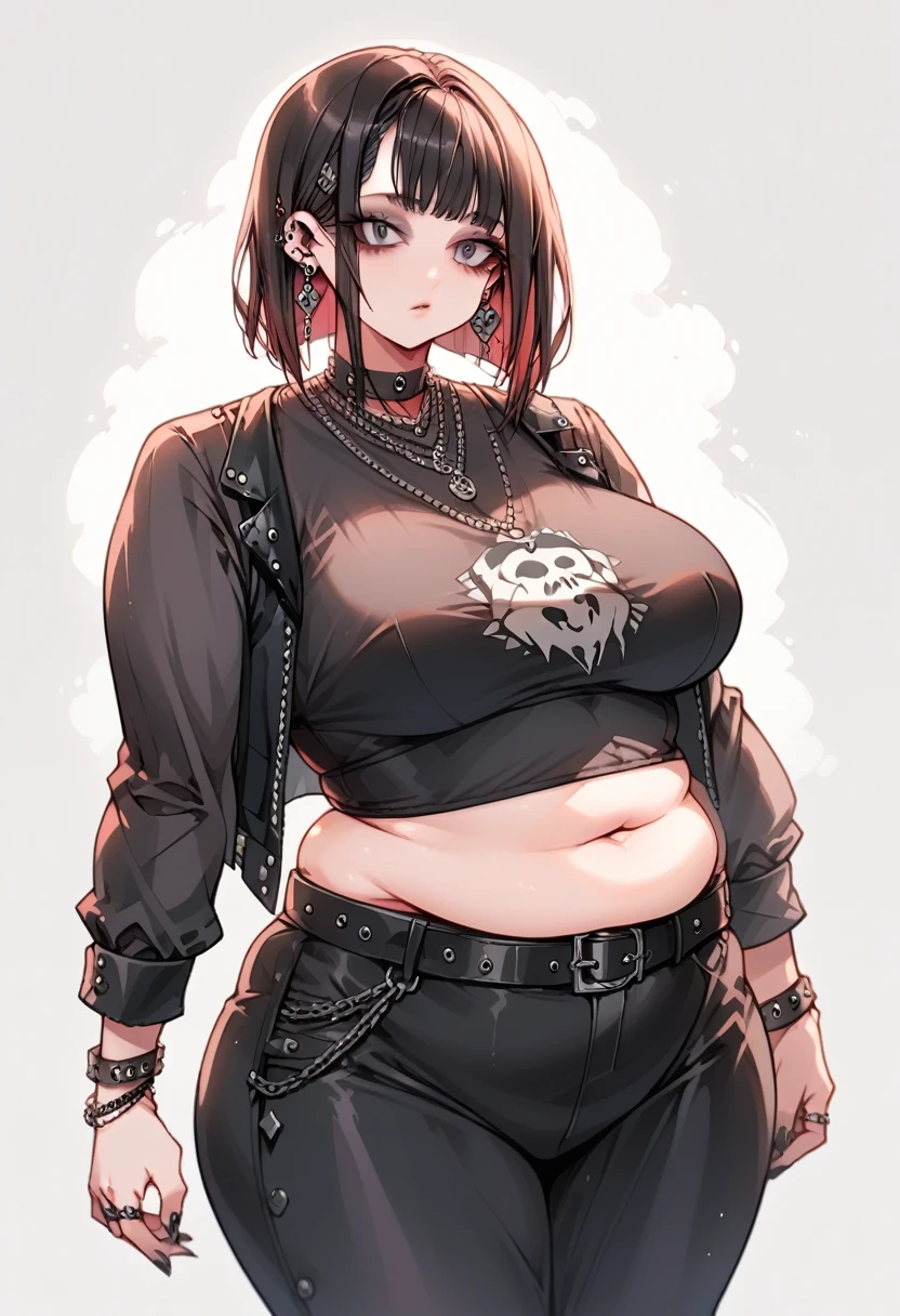 Curvy goth anime girl, overweight fat girl, pretty anime girl, beautiful chubby anime girl, big tummy, large breasts, wide hips, curvy butt, stomach rolls, stomach bump, fashionable, cool clothes, fun clothes, fashion, accessories, jacket, jewelry, bracelet, earrings, necklace, rings, accessories, belt, skirt, dress, pants, shirt, long shirt, low cut tshirt, baggy shirt, confident, cool fashionable girl, attractive, cool, hot woman, goth, alternative style, goth style, cool clothes, makeup