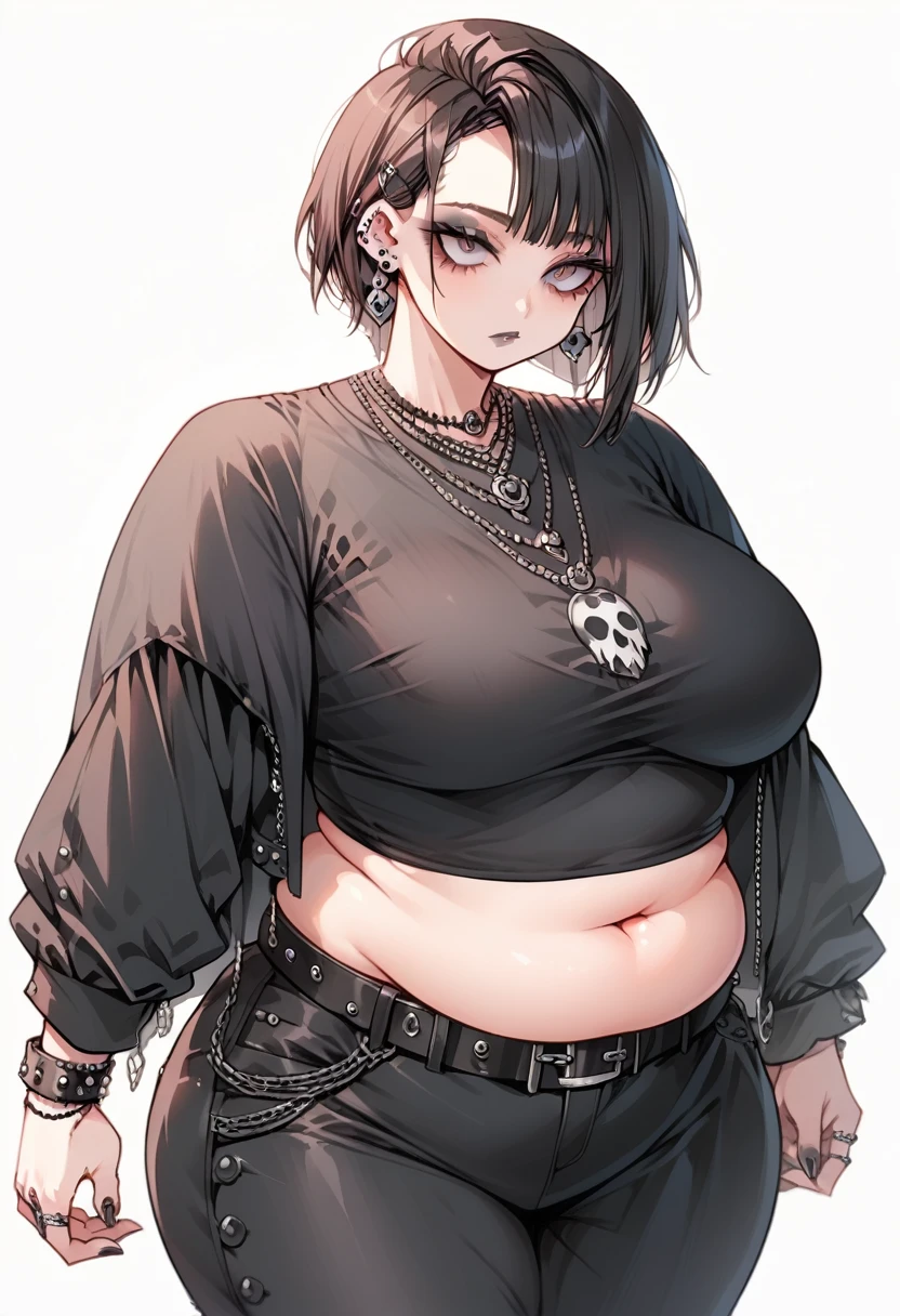 Curvy goth anime girl, overweight fat girl, pretty anime girl, beautiful chubby anime girl, big tummy, large breasts, wide hips, curvy butt, stomach rolls, stomach bump, fashionable, cool clothes, fun clothes, fashion, accessories, jacket, jewelry, bracelet, earrings, necklace, rings, accessories, belt, skirt, dress, pants, shirt, long shirt, low cut tshirt, baggy shirt, confident, cool fashionable girl, attractive, cool, hot woman, goth, alternative style, goth style, cool clothes, makeup