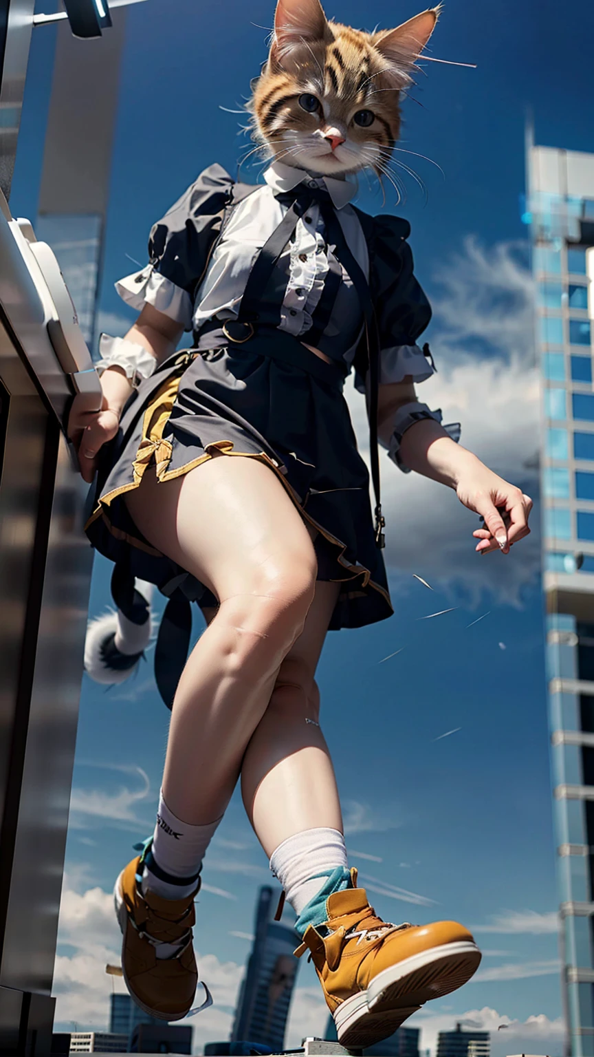(Highest quality, masterpiece:1.2), pressure, 1 Woman Taller than a Skyscraper, Cat in the face, Super giant, 5000 ft tall giantess, Make the city smaller, Depth of written boundary, High resolution, 超High resolution, 8K, Very detailed, Realistic, Sun light, Maid clothes, Ribbon and mini skirt, knees, photograph, 5000 ft tall giantess
