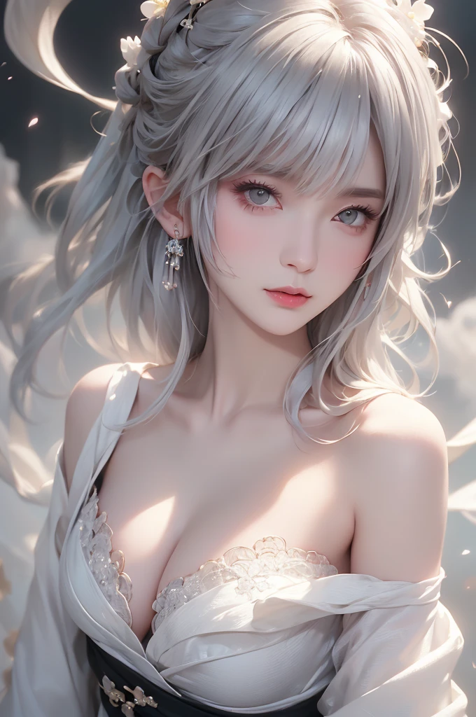 super high quality, masterpiece, Perfect illustration, Very detailed、8k wallpaper, Very detailed (Exquisite light and shadow, Very dramatic photo,Backlight) , ((Gray Hair:1.5))1 Girl, alone, (Wearing Han clothes, Royalty、Black and white Hanfu,Thick fabric,Long sleeve) Flower Field, Flowers, (White smoke:1.3) (Realistic:1.4), (Dynamic Angle: 1.4), Glowing Skin, (Floating colorful flashes: 1) The most beautiful chaotic shapes, elegant, Brutalist Design, Bright colors, Romantic Depth of Field Exotic_dance, half_naked、((Off the shoulder、Medium chest、Beautiful cleavage)),((Close-up image))