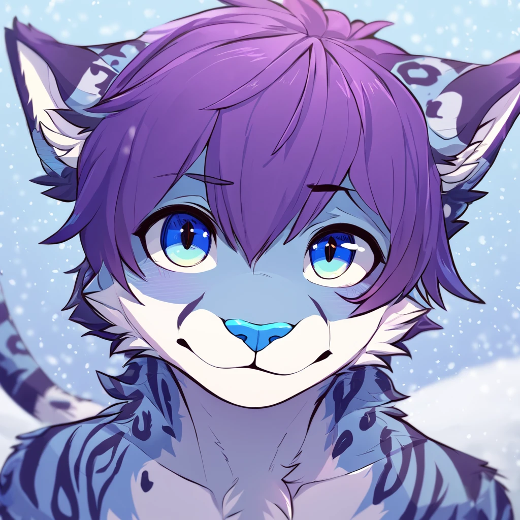 feline, mammal, anthro, anthromorphic, snow, leopard, striped_feline, fur, furred_anthro, femboy, male, bangs, ear_tufts, blue_nose, paws, hair_tuft, hair_between_eyes, long_tail, fluffy, feline_ears, expressive_eyes, purple_hair, light looking_at_viewer, blue_fur, shy, small_pupils, spotted_pattern, stripes, tiger_stripes, digital_art, high_resolution, high_res, tealblue_background