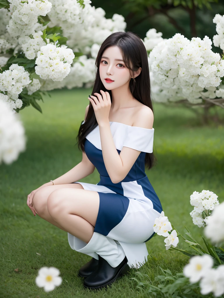 Beautiful woman wearing a blue white Wearing uniform korea style clothes mini dress with decorations on the shirt and visible shoulders and wearing boots and being photographed with a background And he was in the middle of a yard filled with beautiful white flowers,Korean style swag, beautiful face so gorgeous, Beautiful eyes, y2k style,