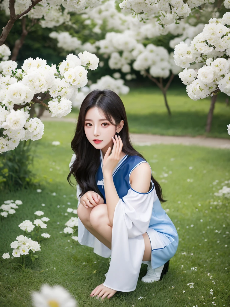Beautiful woman wearing a blue white Wearing uniform korea style clothes mini dress with decorations on the shirt and visible shoulders and wearing boots and being photographed with a background And he was in the middle of a yard filled with beautiful white flowers,Korean style swag, beautiful face so gorgeous, Beautiful eyes, y2k style,