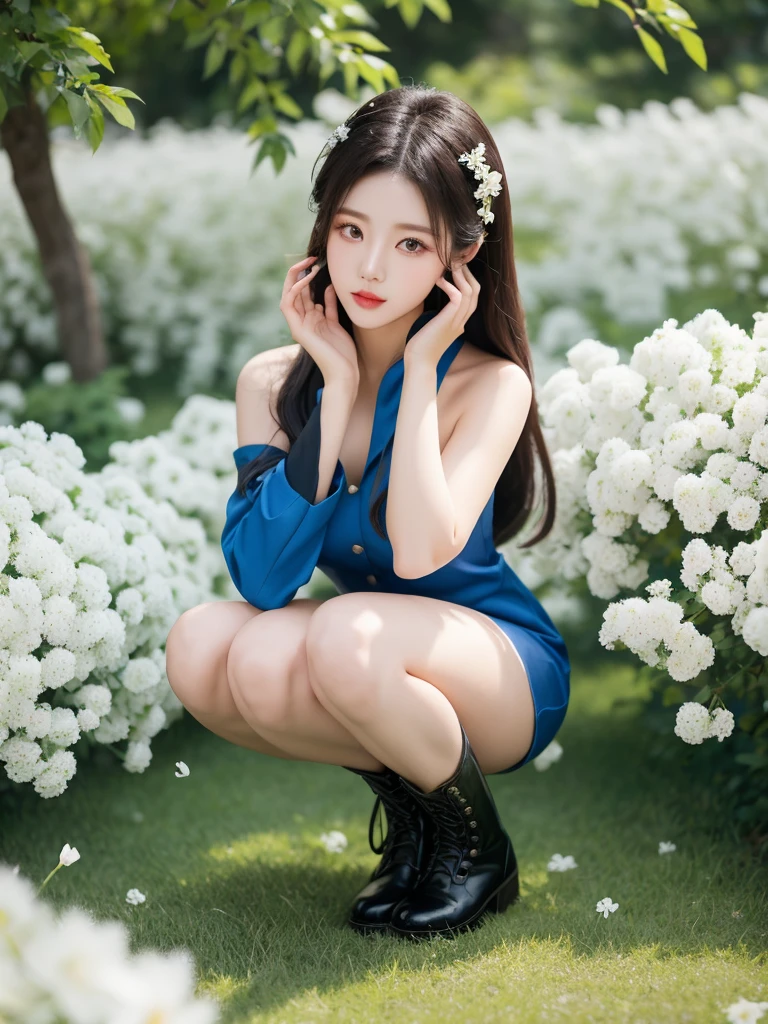 Beautiful woman wearing a blue white Wearing uniform korea style clothes mini dress with decorations on the shirt and visible shoulders and wearing boots and being photographed with a background And he was in the middle of a yard filled with beautiful white flowers,Korean style swag, beautiful face so gorgeous, Beautiful eyes, y2k style,