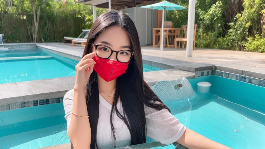 vietnamese eger girl with red face mask and glasses with red glass, use this face https://www.instagram.com/p/C83x-NMKumt/?utm_source=ig_web_copy_link&igsh=MzRlODBiNWFlZA== , long black hair. chilling in swiming pool, real photo style.