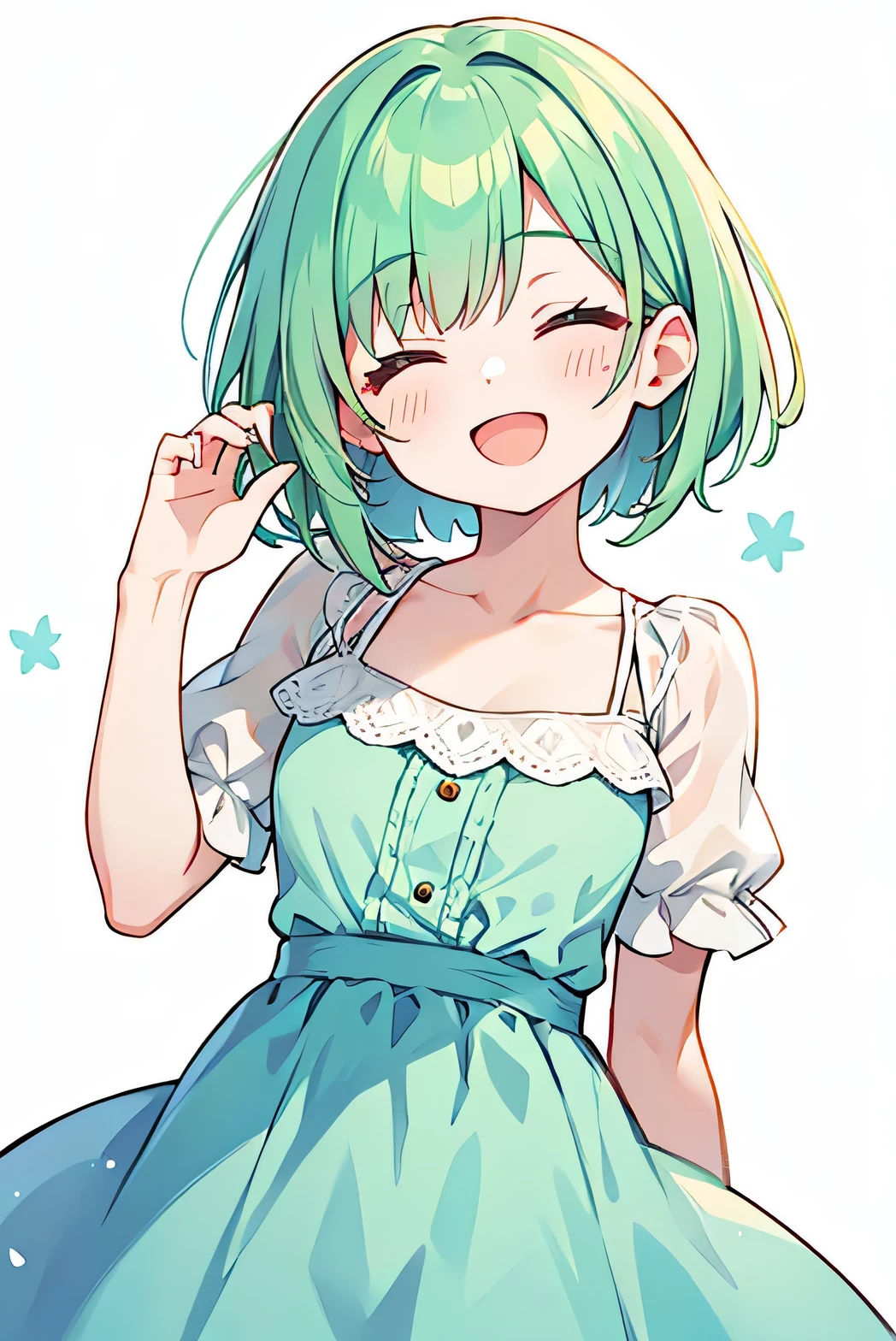 girl,Close your eyes and smile,Open mouth smiling,front,Mint green hair,Bob Hair,Summer dress,White background,whole body
