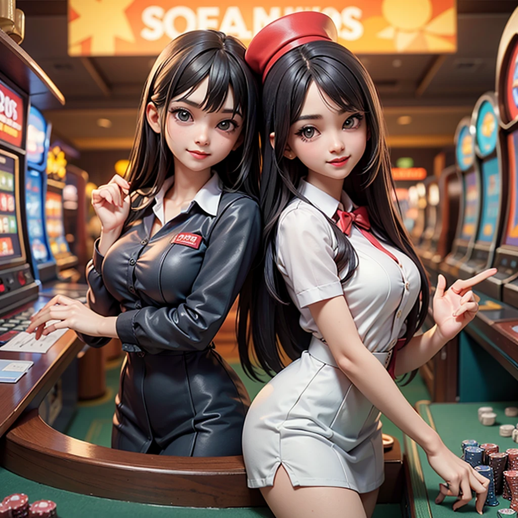 ((best quality)), ((masterpiece)), (detailed), happy and smile, {{indonesian girl}}, {wearing high school uniform}, teasing and waiting customer play, standing, playing in casino, red casino background, polite and kind, Sweet Face, roulette table, poker table, big slot machines right and left, win jackpot, {{no headwear, no hat}}, private casino, crowded gambling area in background, so crowded, so many people, las vegas, american, illusions, halloween casino, dont wear hat, no headwear, no hat, together with thailand and vietnam girl, jumping