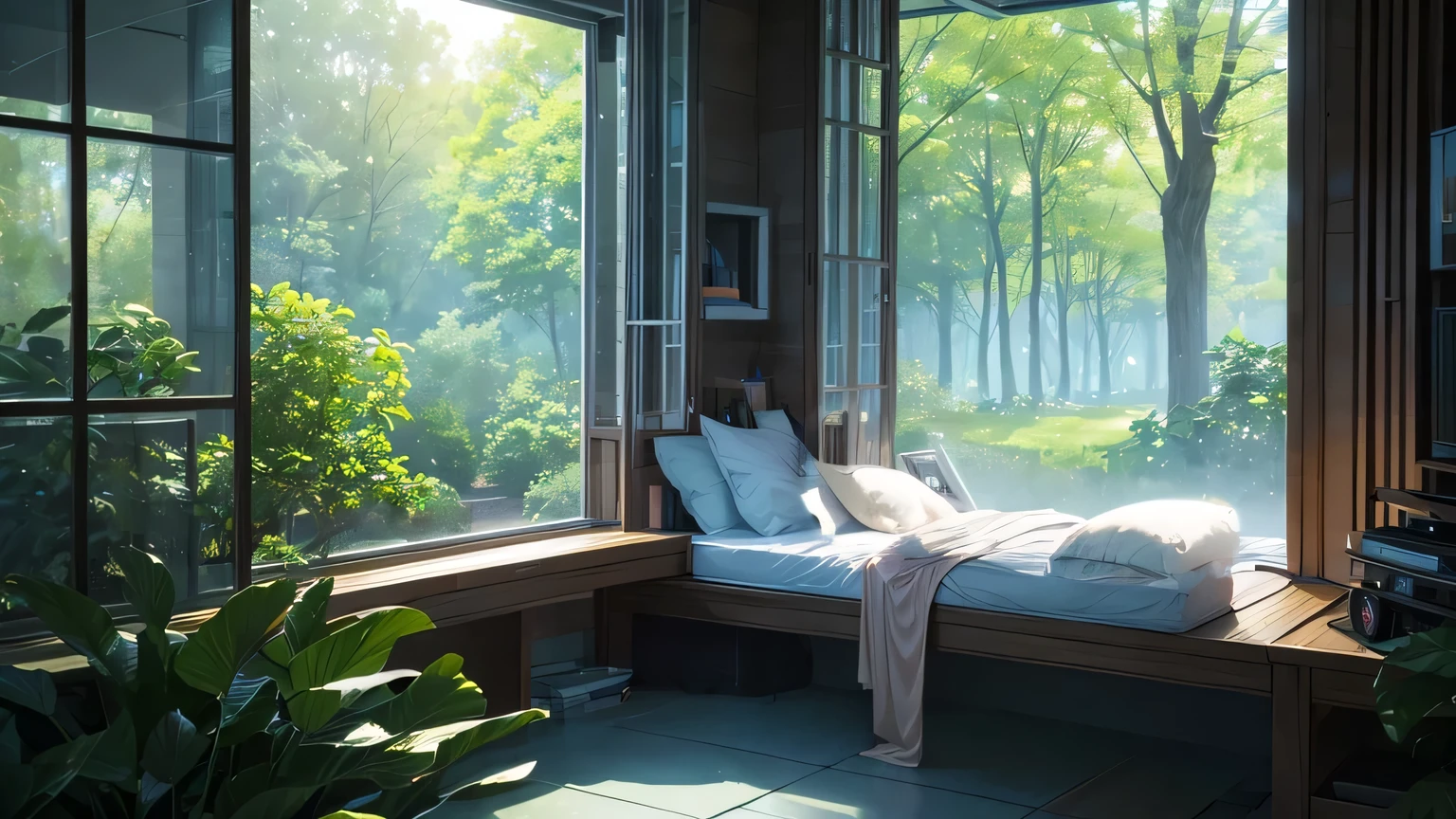 In a futuristic minimalist high-tech Lofi style room, Holographic projection recreates the soft feeling of sunlight filtering through trees, Create a warm and nostalgic atmosphere. Virtually designed tranquil environment. Professional sound system plays relaxing music, Lo-fi soundtrack, Accompanied by the sound of a gentle stream, Provide smooth、Immersive listening experience. The breeze generated by the ventilation system plays with digital images of leaves on the ground, Creating a symphony of comfort and nostalgia. In the background, Quiet city sounds in the distance，The volume is low, Evoke a feeling of softness, Contemplative Melancholy. There is a notebook on the windowsill, Video playing on screen， Dancing leaves outside the window， Low-fi birdsong echoes softly through low-profile speakers, Adding nature to the environment、A sense of ease. Every step on the soft floor makes a soft sound, Provides a sense of calm and comfort. In this moment of contemplation, The bedroom provides a quiet place for people to escape from the hustle and bustle of the outside world., Let the protagonist immerse himself in the simplified and nostalgic beauty of virtual nature. 8k resolution.Giant Screen