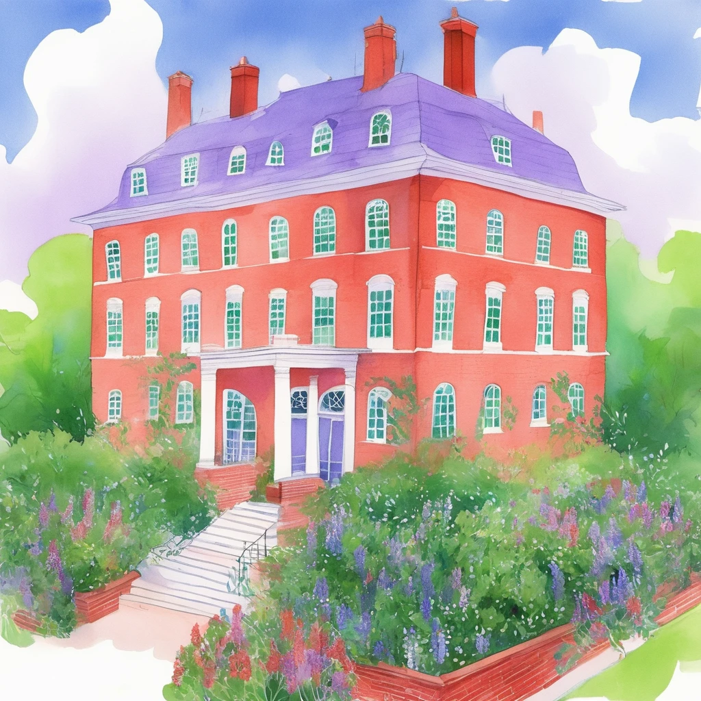 A hand-drawn, colorful illustration of a grand building with red bricks and white accents. The building has green ivy, purple wisteria, and a green door. There are tall windows with white trim and flowering bushes in front. The sky is blue with a few clouds. The overall style is a vibrant, painterly illustration.