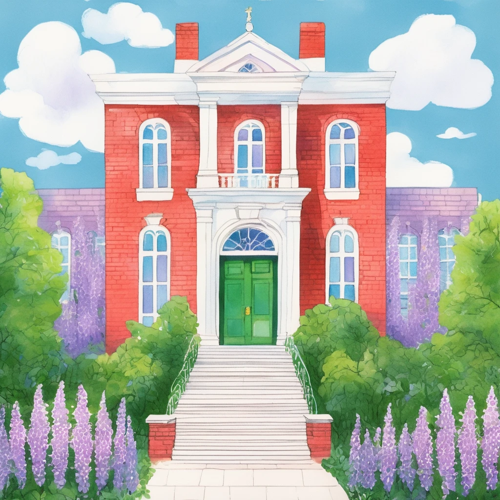 A hand-drawn, colorful illustration of a grand building with red bricks and white accents. The building has green ivy, purple wisteria, and a green door. There are tall windows with white trim and flowering bushes in front. The sky is blue with a few clouds. The overall style is a vibrant, painterly illustration.