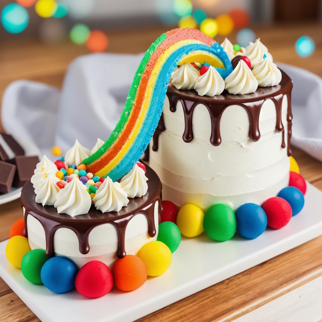 on a wooden table, on a porcelain plate, two cakes made of white cream, sugar candies on the bottom, chocolate ganache on the cake, white swirls on the chocolate ganache, window light, bright lights, soft light, window light, professional lighting, light from the window, neat light, realistic texture, realistic style, detailed texture, high quality, high resolution, high quality rendering, realistic photo, brightning light, macro photo