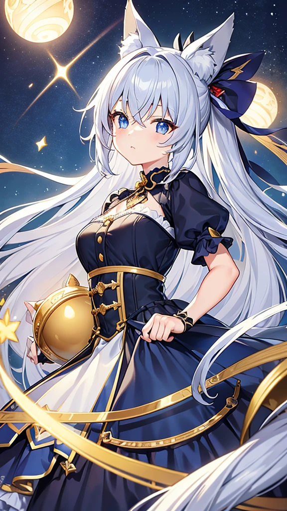 Masterpiece、Best image quality、Highest quality、High resolution、Head portrait、Anime Style、Beautiful sky full of stars、Odd Eye、Left eye is red、Right eye is blue、Your eyes are pure and clear like jewels.、Fox ears、Her hair is a beautiful silvery white、A single flyaway hair、Sophisticated long wavy hair、She has beautiful light blue twin long extensions on both sides of her hair.、Golden bell hair ornament、18-year-old fox girl、Deep blue gothic lolita outfit with rose embroidery、Big ribbon on the chest、Beautiful CG、highlight、Small breasts、Hyper HD、16K,Perfect silver hair、Unparalleled cuteness、8K、Delicately depict facial features、Delicate depiction of hair)、(+++Complete Hand:2+++)、(+Gear 1.9+)、Delicately drawn fingers、4K quality、Extremely detailed depiction、A very delicate painting、One person girl、Adorable、whole body