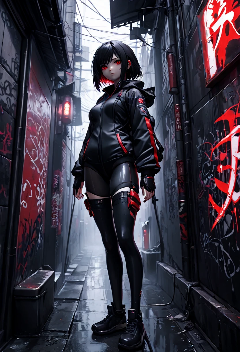 1girl, black survival suit, black hair, red eyes, dark alley, red graffiti, japanese led, fog, 8k, ambient occlussion, focus on subject