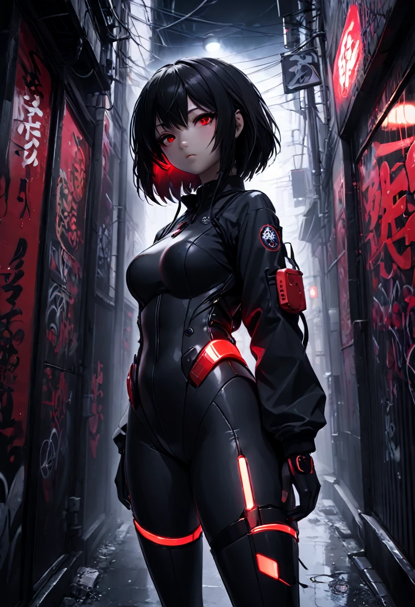 1girl, black survival suit, black hair, red eyes, dark alley, red graffiti, japanese led, fog, 8k, ambient occlussion, focus on subject