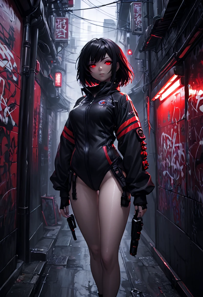 1girl, black survival suit, black hair, red eyes, dark alley, red graffiti, japanese led, fog, 8k, ambient occlussion, focus on subject