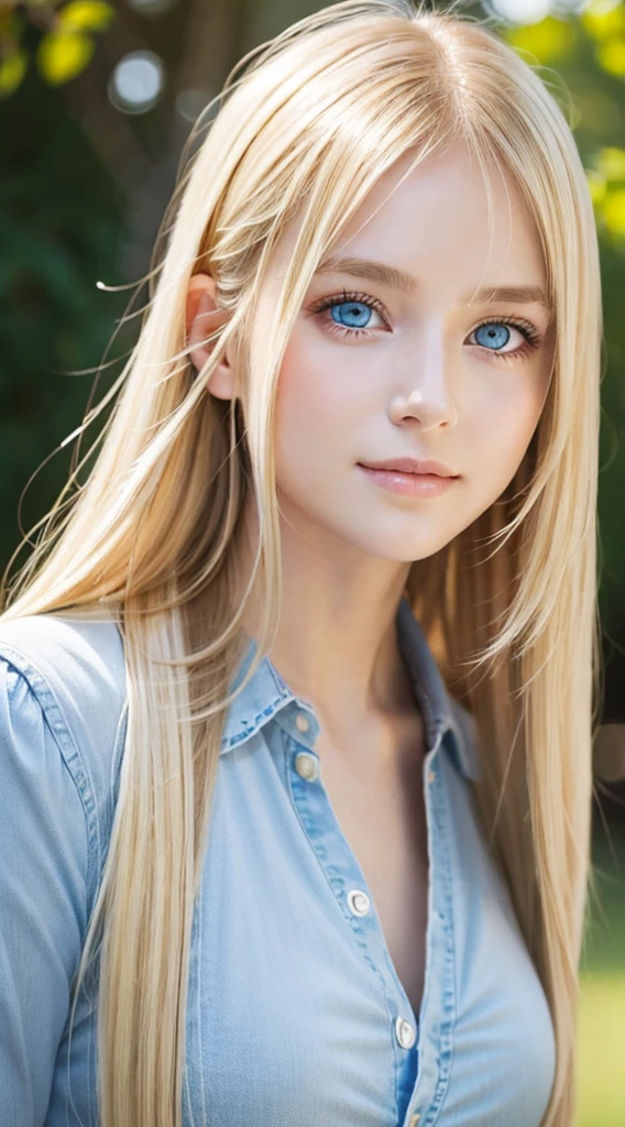 A woman with long light blonde hair and bright light blue eyes is taking a photo, very big eyes、gorgeous young beautiful model, bangs between the eyes、Portrait Sophie Mudd, Beautiful beautiful girl model, cute young beautiful girl, very beautiful young girl, portrait of a beautiful model, Beautiful young girl, Beautiful young woman, a photography of a beautiful woman, face perfect, -yeld fee model, Beautiful young face, blonde white beautiful girl、Smirking expression、Teak Gloss、cheek highlights、Hair color that changes depending on the angle of light