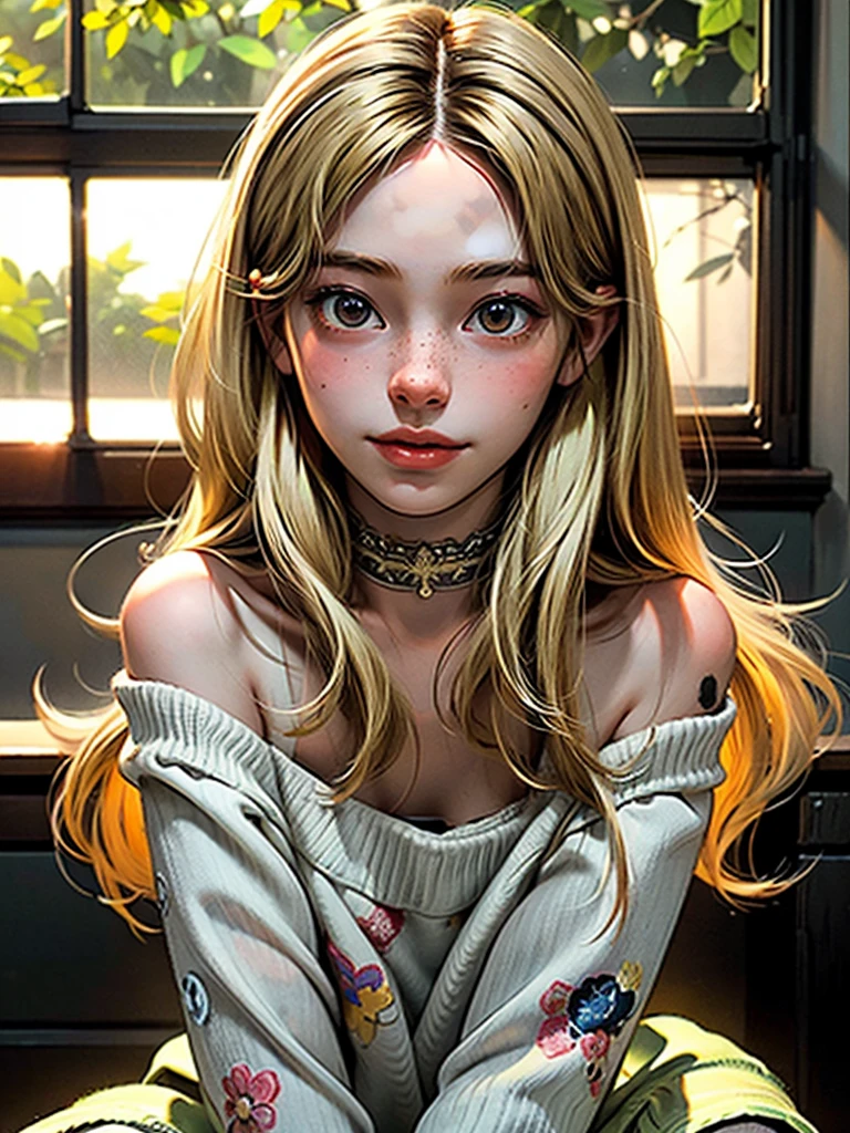 (best quality, masterpiece1.2), (detailed eye:1.2), intricate detail, depth of field, 20 years old girl, sitting, off shoulder, backlight, sunlight, (blonde, long hair:1.2), freckles, see-through, looking at viewer, earrings, hair ornament, choker, wind, lens flare, sultry look, seductive,