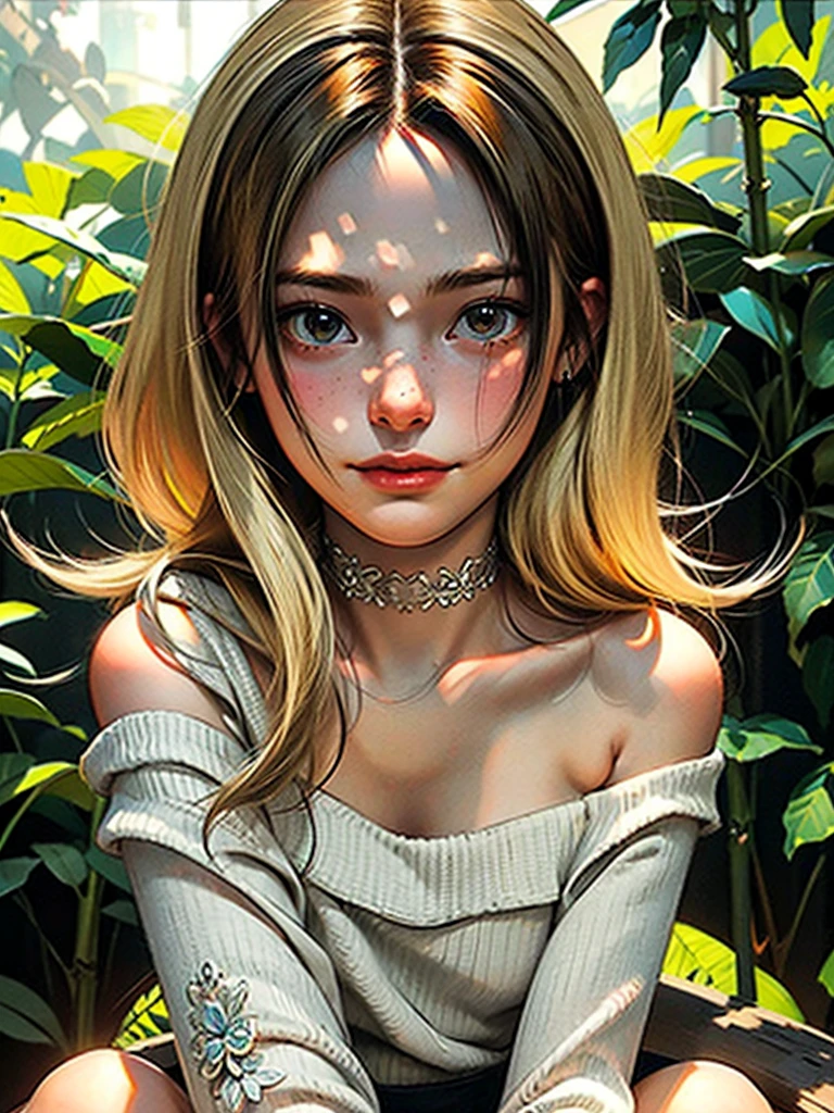 (best quality, masterpiece1.2), (detailed eye:1.2), intricate detail, depth of field, 20 years old girl, sitting, off shoulder, backlight, sunlight, (blonde, long hair:1.2), freckles, see-through, looking at viewer, earrings, hair ornament, choker, wind, lens flare, sultry look, seductive,