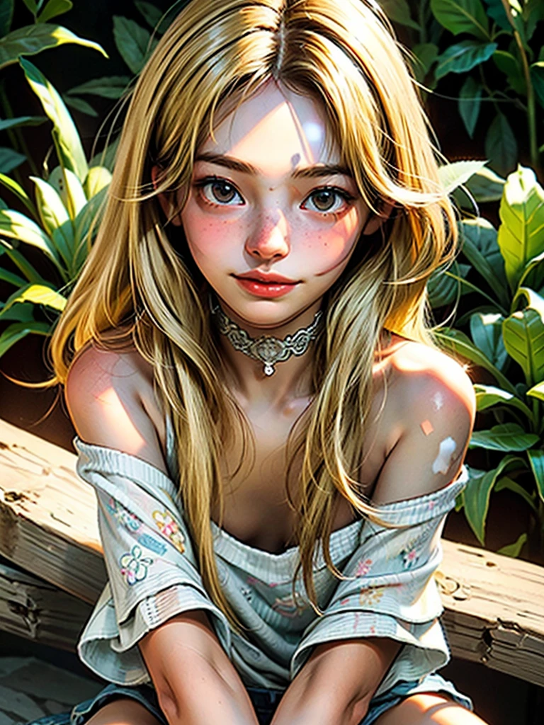 (best quality, masterpiece1.2), (detailed eye:1.2), intricate detail, depth of field, 20 years old girl, sitting, off shoulder, backlight, sunlight, (blonde, long hair:1.2), freckles, see-through, looking at viewer, earrings, hair ornament, choker, wind, lens flare, sultry look, seductive,