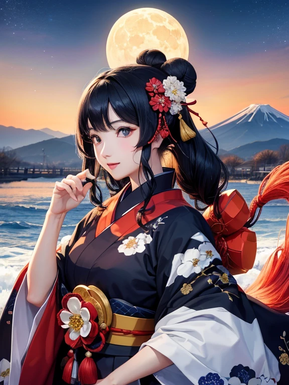 (Highest quality、masterpiece、High resolution、8K)、Ukiyo-e、Vibrant colors、Katsushika Hokusai、1 female、Black hair Japanese topknot、whole body、着物は和装で白地に鮮やかなflower柄模様、Official Art、背景はUkiyo-e風、White waves,Fuji Mountain,flower,moon,cloud,