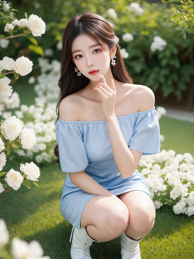 Beautiful woman wearing a blue white Wearing uniform korea style clothes mini dress with decorations on the shirt and visible shoulders and wearing boots and being photographed with a background And he was in the middle of a yard filled with beautiful white flowers,Korean style swag, beautiful face so gorgeous, Beautiful eyes, y2k style,