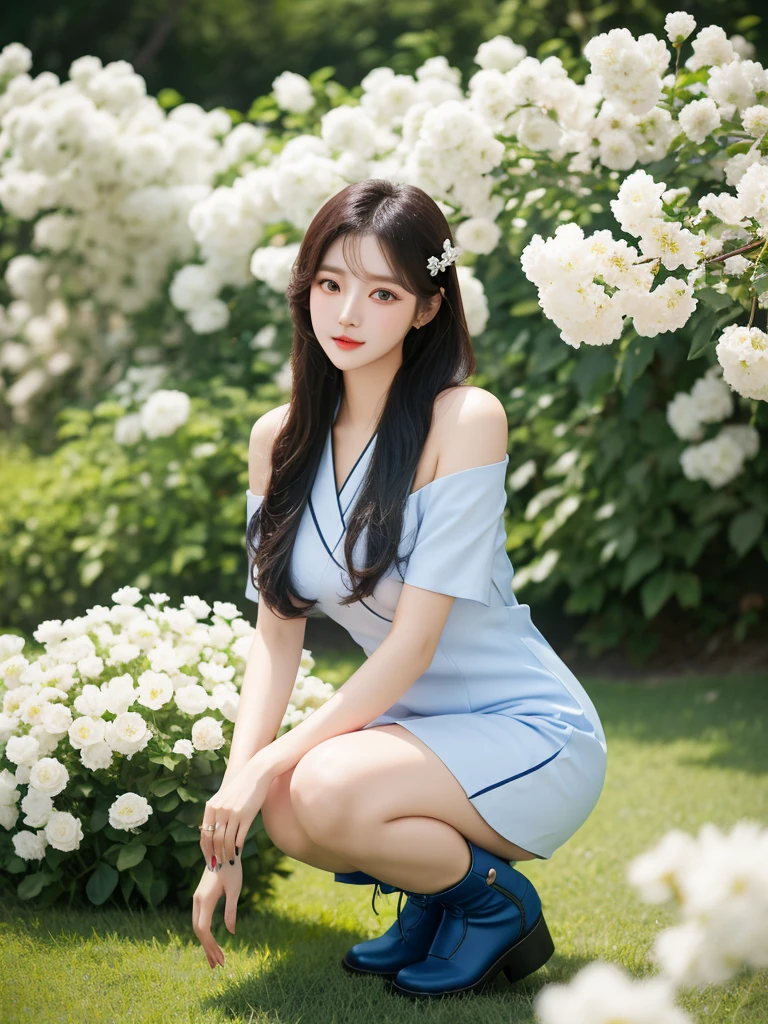 Beautiful woman wearing a blue white Wearing uniform korea style clothes mini dress with decorations on the shirt and visible shoulders and wearing boots and being photographed with a background And he was in the middle of a yard filled with beautiful white flowers,Korean style swag, beautiful face so gorgeous, Beautiful eyes, y2k style,