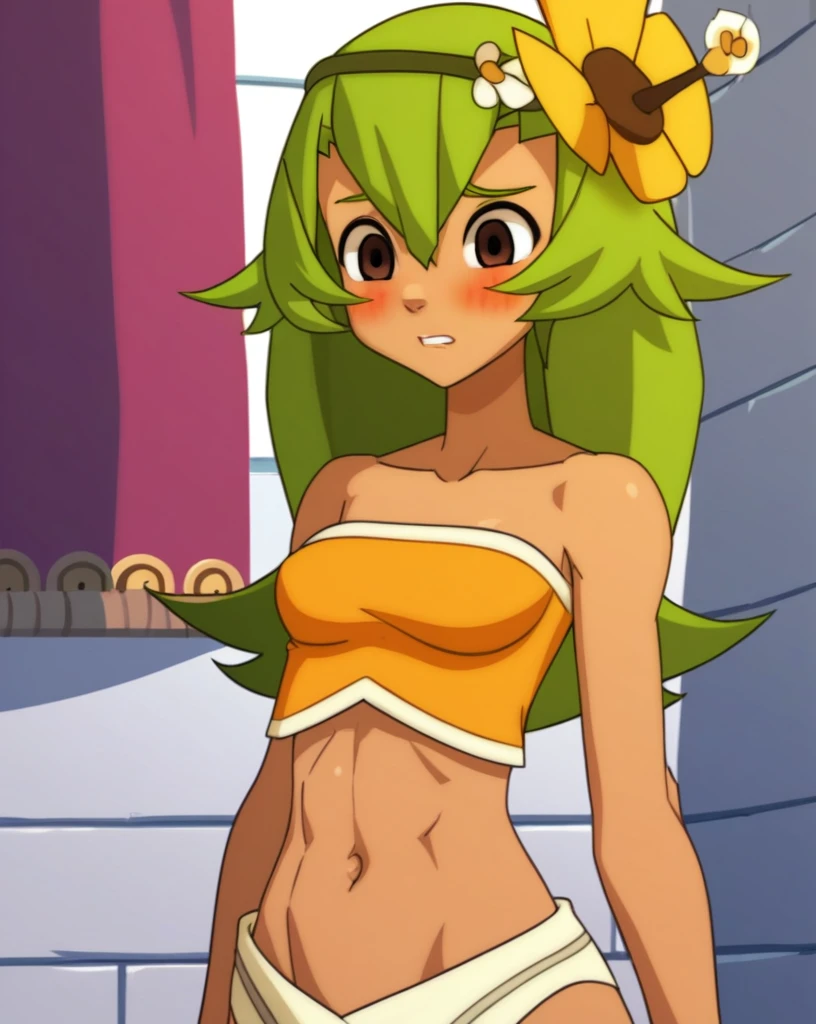 score_8_up, score_7_up, score_6_up, score_5_up, score_4_up, anime screenshot
1girl, solo, dark-skinned girl,  skinny, (blushes 1.5), orgasm,bare shoulders, green hair, amaliayoung, long hair, breasts, hair flower, navel, strapless, panties, very strong abs

wakfu

standing, upper body, looking at viewer,