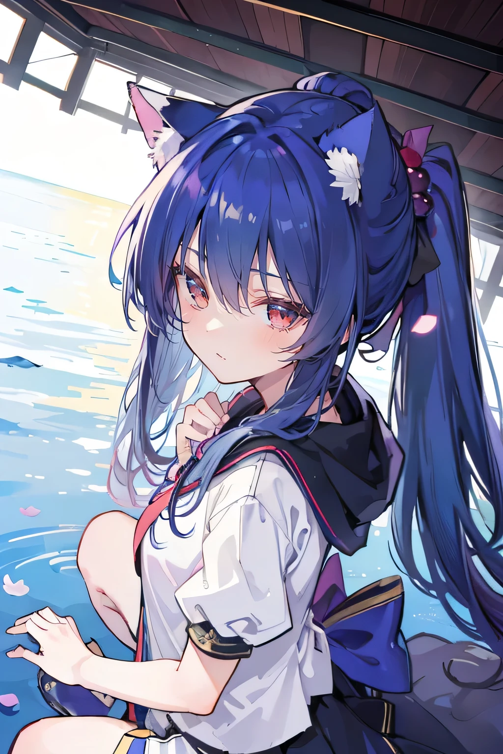 （masterpiece：1.2），Super detailed，lifelike，Expressive eyes，fair skin，perfect face shape，1 girl，
Japanese comics,Gorgeous blue hair,flowing blue hair,flowing clothes,Cat ears,Petals fall,beautiful lola,Baby Angel,
Shaking head with one hand，Cross your legs，Gentle and peaceful background，The pavilion is cool and comfortable,smile, wearing hoodie, background of tokyo,back views,snowing, winter,lie on the water. (Best Quality: 1.3), (Masterpiece: 1.3), (Illustration: 1.3), (Ultra Detailed: 1.3), (Imide Lens: 0.9), 1girl, Medium Breasts, Purple Eyes, ((Dark Blue Hair) ), hair accessories, young, clothing-gladiia, long hair, dark blue hair, indoors, black shorts, high socks, low ponytail, expressionless, upper body, close-up, coat, skirt,