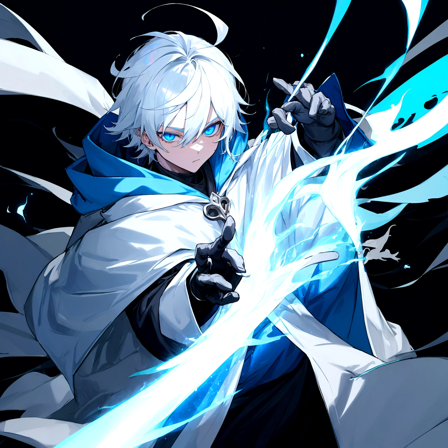 Sorcerer Divine Soul man, he has a silver hair and blue eyes, he wear a hood and wear gloves.
