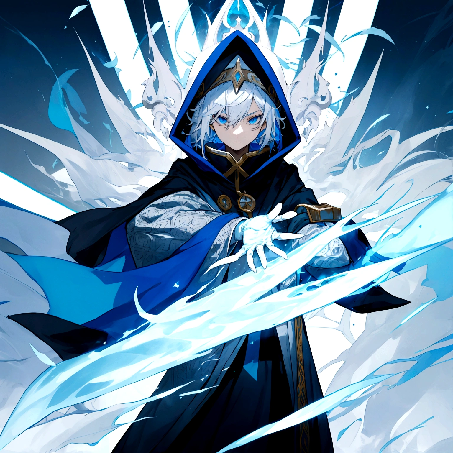 Sorcerer Divine Soul man, he has a silver hair and blue eyes, he wear a hood and wear gloves.
