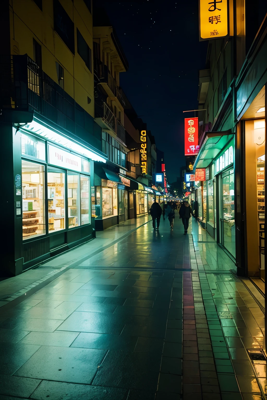 An illustration of a quiet, wide boulevard with shops at night, viewed from a very low angle looking up at the night sky. Shops with neon signs and lit display windows line the spacious boulevard. The sky is dark, with stars faintly visible amidst the glow of the shop lights. The wide boulevard is empty, with no people or vehicles, creating a serene and somewhat eerie atmosphere. The perspective is extremely low, almost at street level, emphasizing the lights, the architecture of the shops, and the openness of the wide boulevard.