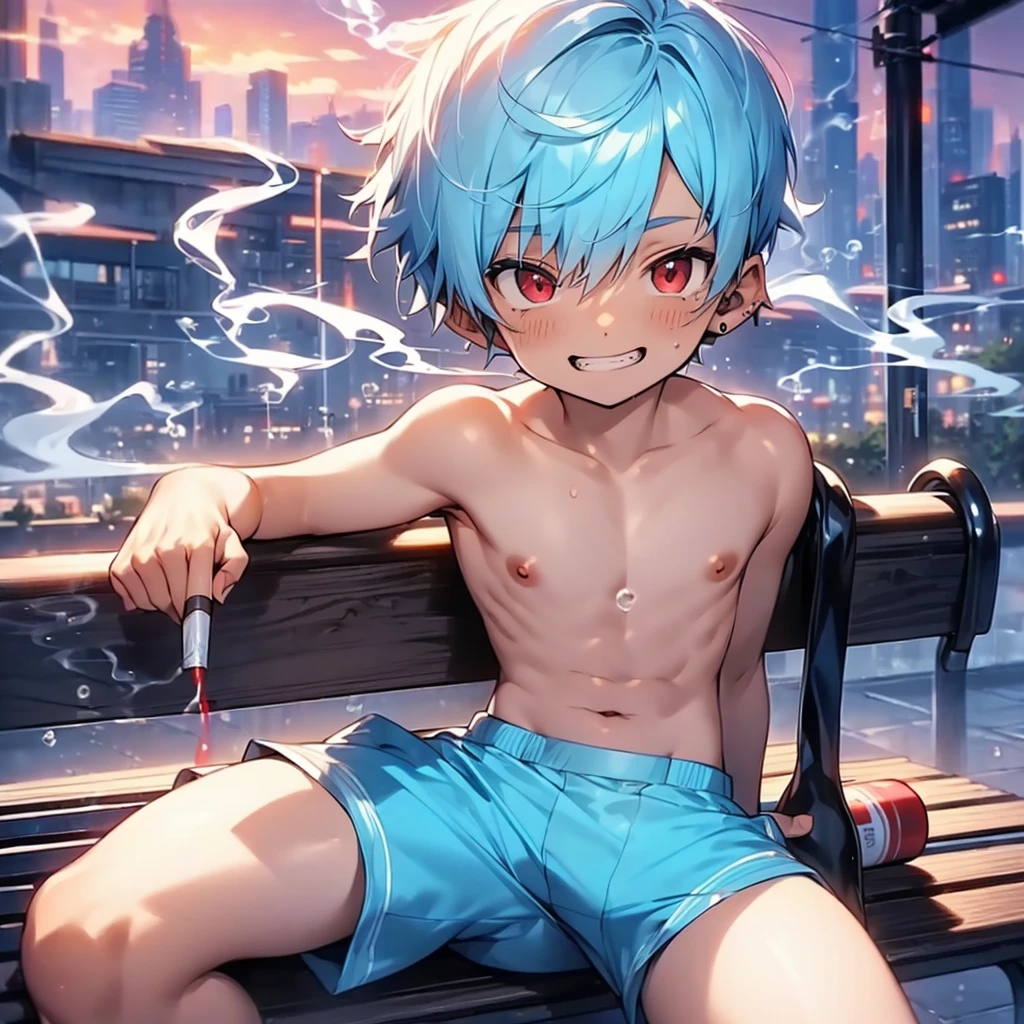(solo:2), (boldline:-1.8), (smoking:1.6), (((bubble))), (sitting on bench:1.5), (spread legs:1.5), (((fang))), (((best finger))), BREAK (best quality:1.5), (absolutely resolution:1.5), (ultra detailed:1.5), (masterpiece:1.5), (perfect face), (detailed face), (detailed eyes), (best eyes), (cute face), (shota:2), BREAK (topless:1.5), BREAK (red short pants:1.5), (bulge:1.6), (skinny:1.3), (spiked hair), BREAK (light blue hair:1.5), (wine red eyes:1.4), (eyes with highlight:1.6), ((mole under eye)), (sweaty skin), (light skin), (grin:1.5), ((earrings)), (shiny skin:1.3), BREAK (garden), (building:1.5), (at twilight:1.5), ((wind blowing)), ((nipple)), (abs), (groin),