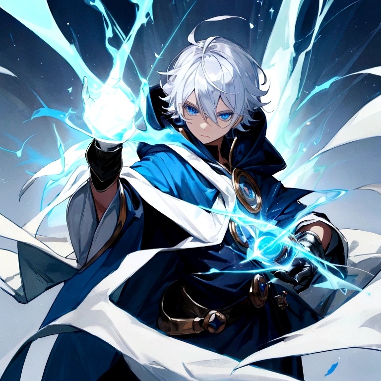 Sorcerer Divine Soul man, he has a silver hair and blue eyes, he wear a hood and wear gloves.
