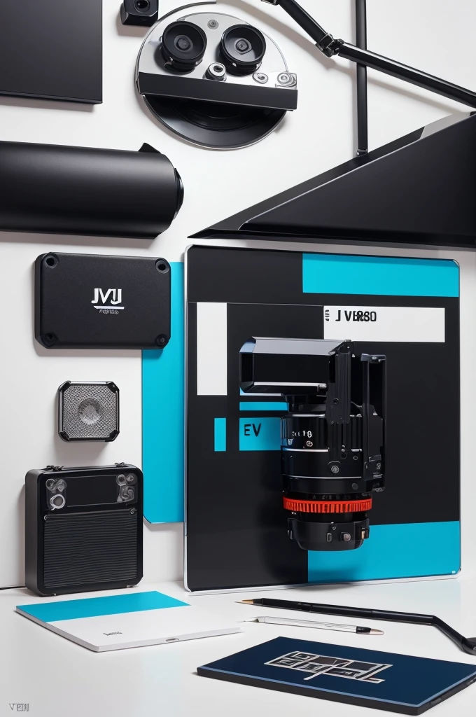 Create a logo for "JV8," a video editing brand. The design should incorporate elements of modern video editing tools, such as a film reel, clapperboard, or digital editing software interface. Use a sleek and contemporary color palette, with a focus on bold and dynamic colors like electric blue, metallic silver, and black. The logo should convey professionalism, creativity, and innovation. Integrate the name "JV8" prominently, ensuring the text is clear and stylish.