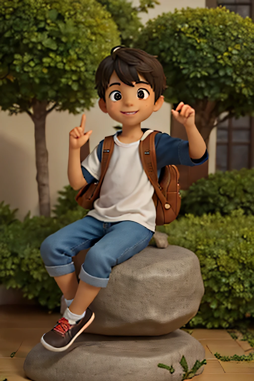 a very happy boy, full body, sitting on a stone in a relaxed position, boy carries backpack, detailed face, beautiful brown eyes, cute smile, detailed hands and fingers, detailed clothing, photorealistic, 8k, high quality, intricate details, city park
