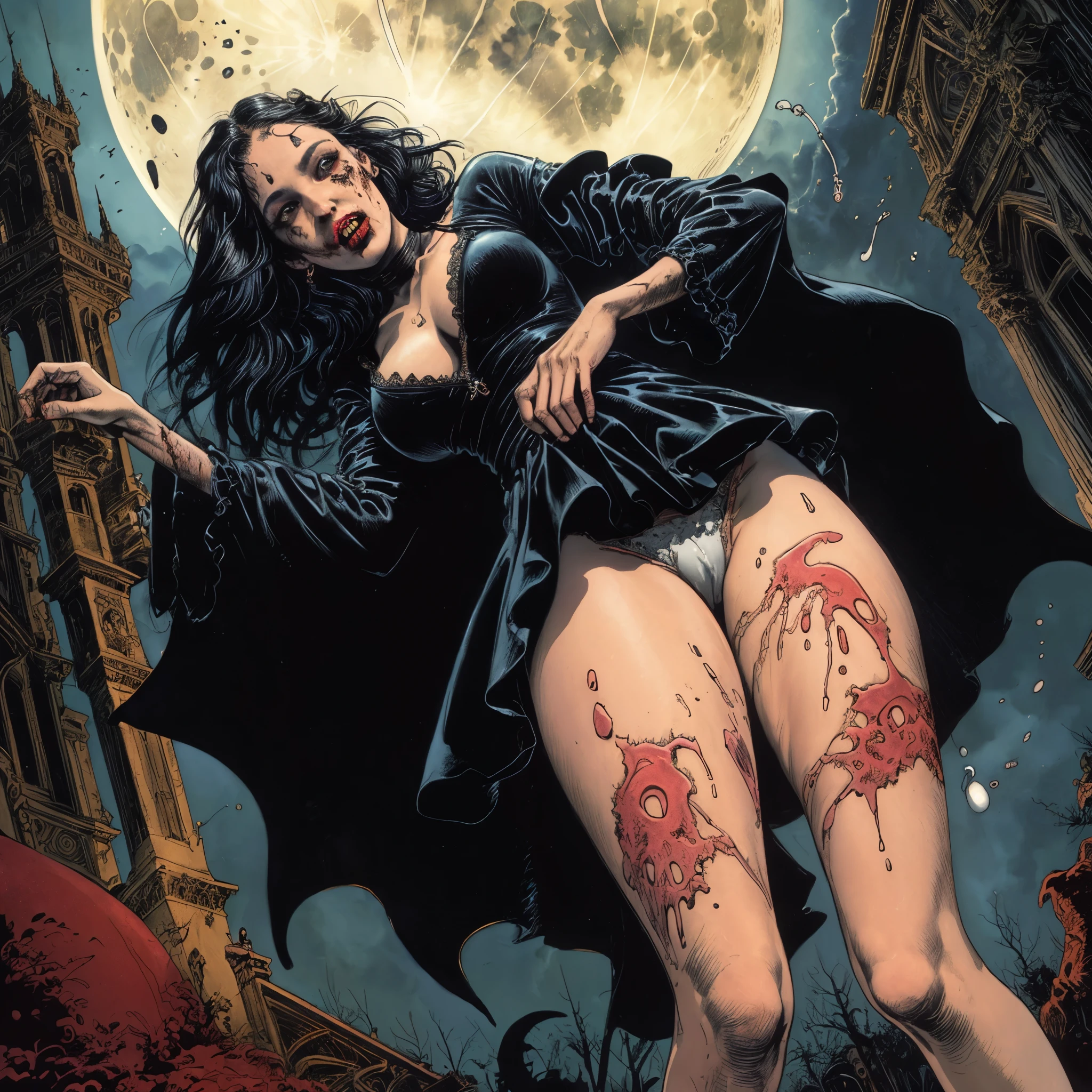 ((Italian vampire girl, pretty face, long black hair, upskirt, pulling down her panties, semen and sperm on thighs, blood on thighs, Gothic Manor, full moon, horny werewolf)) by Graham Ingels, by Bernie Wrightson, by Mike Ploog, by Rich Corben, by Brian Bolland, by Frazetta, by Milo Manara, by Moebius, Italian Fumetto art style, Gothic Horror movie aesthetic, intricate, crisp details, very vintage retro, lurid vivid colors, cinematic technicolor lighting, HD, 8x