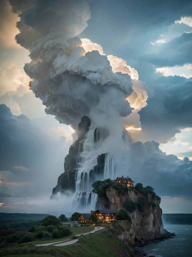 there is a house on a cliff with a waterfall in the background, with trees and waterfalls, beautiful place, beatiful house, stunning nature in background, waterfalls and lakes, with waterfalls and river, lakes and waterfalls, really beautiful nature, beautiful environment, nature in all its beauty, with waterfalls, very beautiful scenery, beautiful stunning waterfall, beautiful nature, arafed tornado cloud in the sky over a field of wheat, beautiful tornado, a massive tornado approaching, thick swirling tornado, tornado of fire, an image of a tornado, tornado twister, fire tornado, tornado, photo of monstrous tornado, blazing fire tornadoes, thick swirling smoke tornado, as a tornado approaches, detailed swirling water tornado, huge storm,