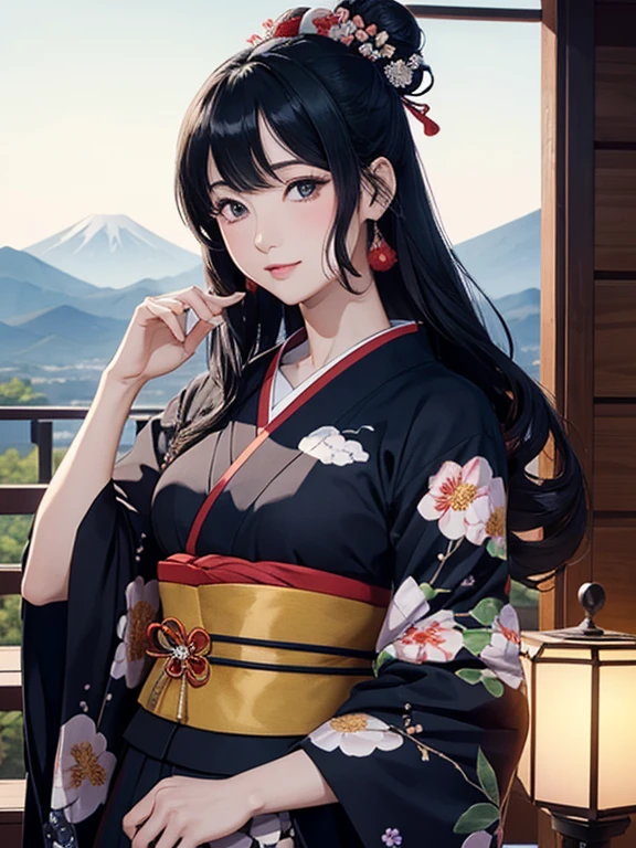 (Highest quality、masterpiece、High resolution、8K)、Ukiyo-e、Vibrant colors、Katsushika Hokusai、1 female、Black hair Japanese topknot、whole body、着物は和装で白地に鮮やかなflower柄模様、Official Art、背景はUkiyo-e風、White waves,Fuji Mountain,flower,moon,cloud,