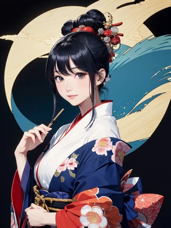 (Highest quality、masterpiece、High resolution、8K)、Ukiyo-e、Vibrant colors、Katsushika Hokusai、1 female、Black hair Japanese topknot、whole body、着物は和装で白地に鮮やかなflower柄模様、Official Art、背景はUkiyo-e風、White waves,Fuji Mountain,flower,moon,cloud,