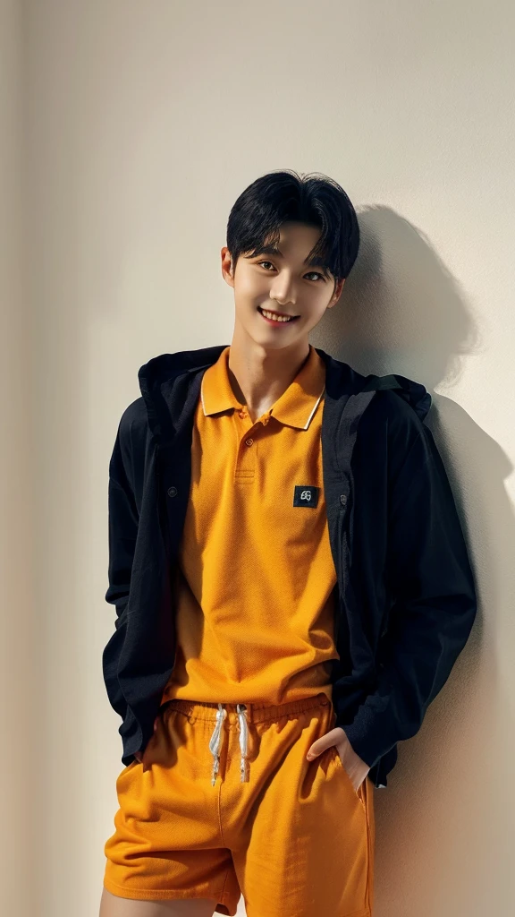 1boy, short black hair, black eyes, smiling lips, wearing an orange polo shirt, brown shorts, white shoes, and a dark blue backpack, highly detailed,high budget,masterpiece,best quality,perfect anatomy,very aesthetic,8k,