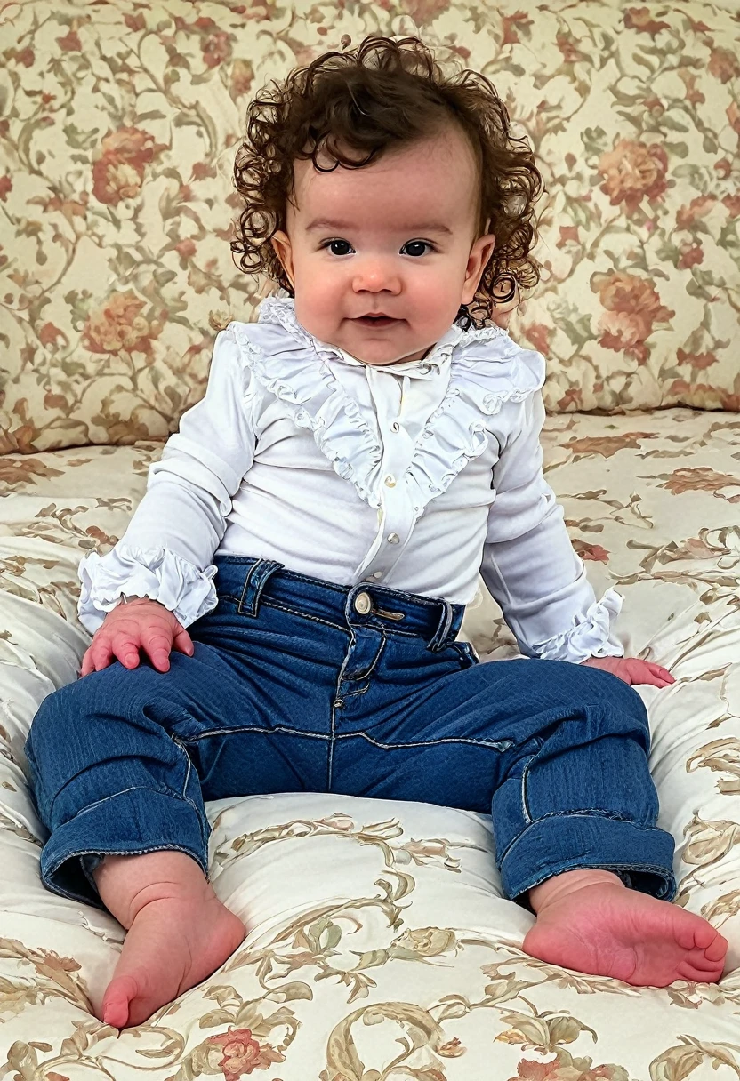A baby with wavy hair in victorian outfit and jeans posing on a bed