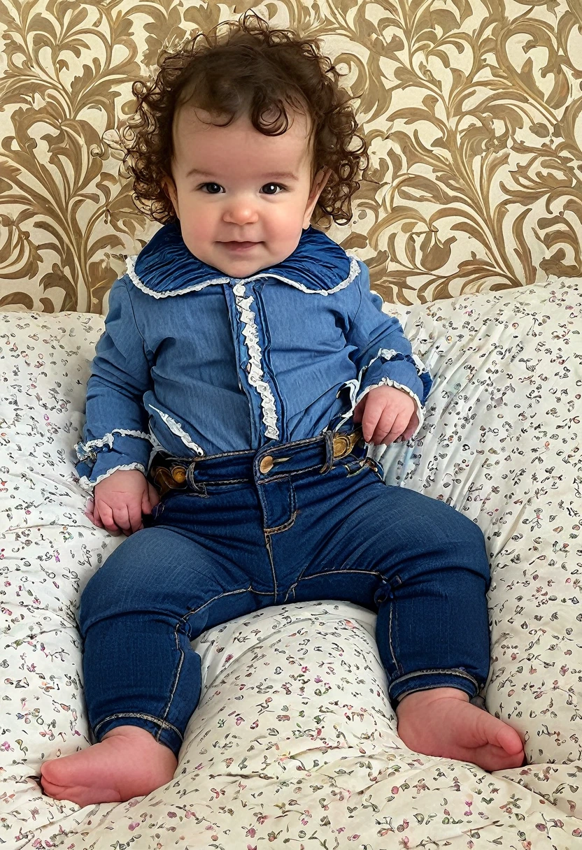 A baby with wavy hair in victorian outfit and jeans posing on a bed